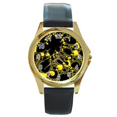 Special Fractal 04 Yellow Round Leather Watch (gold Rim)  by ImpressiveMoments