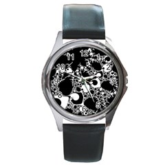 Special Fractal 04 B&w Round Leather Watch (silver Rim) by ImpressiveMoments