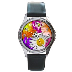 Lovely Flowers,purple Round Leather Watch (silver Rim) by ImpressiveMoments