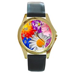 Lovely Flowers, Blue Round Leather Watch (gold Rim)  by ImpressiveMoments