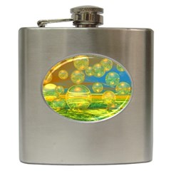 Golden Days, Abstract Yellow Azure Tranquility Hip Flask by DianeClancy