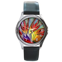 Fractal Bird Of Paradise Round Metal Watch by WolfepawFractals