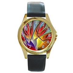 Fractal Bird Of Paradise Round Gold Metal Watch by WolfepawFractals