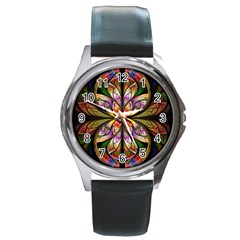 Rainbow Elliptic Splits Round Leather Watch (silver Rim) by WolfepawFractals