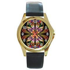 Rainbow Elliptic Splits Round Leather Watch (gold Rim)  by WolfepawFractals