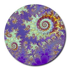 Sea Shell Spiral, Abstract Violet Cyan Stars 8  Mouse Pad (round) by DianeClancy