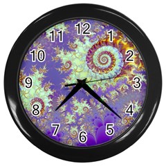 Sea Shell Spiral, Abstract Violet Cyan Stars Wall Clock (black) by DianeClancy