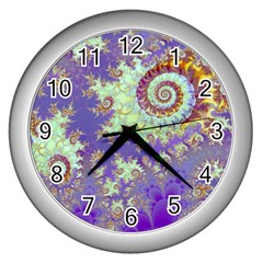 Sea Shell Spiral, Abstract Violet Cyan Stars Wall Clock (silver) by DianeClancy