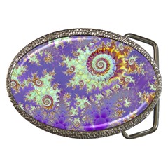 Sea Shell Spiral, Abstract Violet Cyan Stars Belt Buckle (oval) by DianeClancy