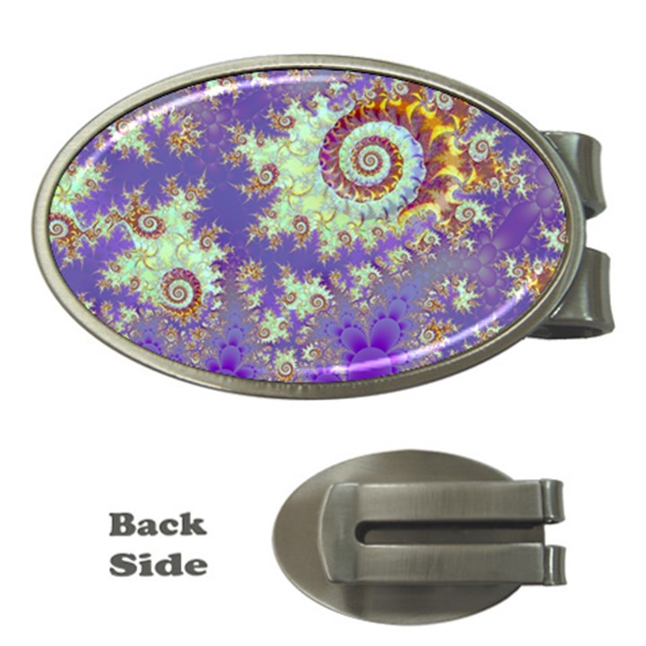 Sea Shell Spiral, Abstract Violet Cyan Stars Money Clip (Oval)