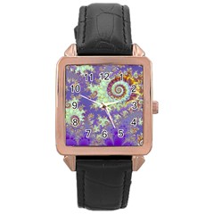 Sea Shell Spiral, Abstract Violet Cyan Stars Rose Gold Leather Watch  by DianeClancy