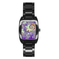 Sea Shell Spiral, Abstract Violet Cyan Stars Stainless Steel Barrel Watch by DianeClancy