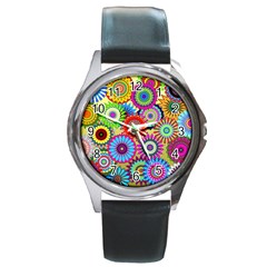 Psychedelic Flowers Round Leather Watch (silver Rim) by StuffOrSomething