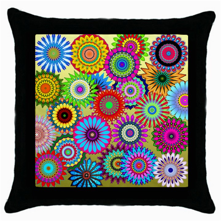 Psychedelic Flowers Black Throw Pillow Case