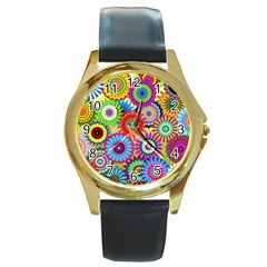 Psychedelic Flowers Round Leather Watch (gold Rim)  by StuffOrSomething