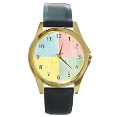 Pastel Textured Squares Round Leather Watch (gold Rim)  by StuffOrSomething