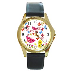 Butterfly Beauty Round Leather Watch (gold Rim)  by StuffOrSomething