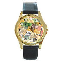 Retro Concert Tickets Round Leather Watch (gold Rim)  by StuffOrSomething