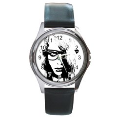 Hipster Zombie Girl Round Leather Watch (silver Rim) by chivieridesigns