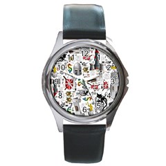 Medieval Mash Up Round Leather Watch (silver Rim) by StuffOrSomething