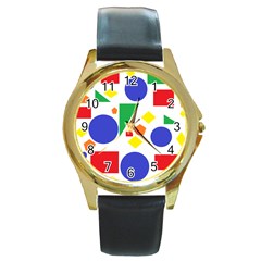 Random Geometrics Round Leather Watch (gold Rim)  by StuffOrSomething