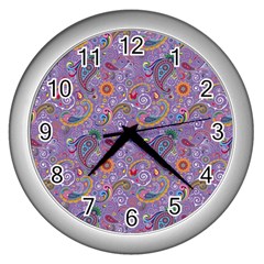 Purple Paisley Wall Clock (silver) by StuffOrSomething