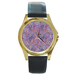 Purple Paisley Round Leather Watch (gold Rim)  by StuffOrSomething