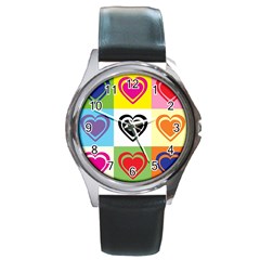 Hearts Round Leather Watch (silver Rim) by Siebenhuehner