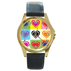 Hearts Round Leather Watch (gold Rim)  by Siebenhuehner