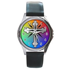 Cross Round Leather Watch (silver Rim) by Siebenhuehner