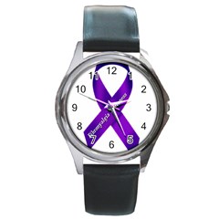 Fibro Awareness Ribbon Round Leather Watch (silver Rim) by FunWithFibro