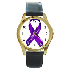 Fibro Awareness Ribbon Round Leather Watch (gold Rim)  by FunWithFibro