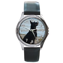 Black German Shepherd Round Leather Watch (silver Rim) by StuffOrSomething