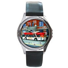 Double Decker Bus   Ave Hurley   Round Leather Watch (Silver Rim)