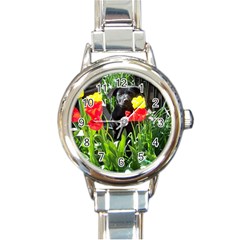 Black GSD Pup Round Italian Charm Watch