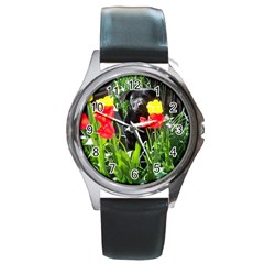 Black Gsd Pup Round Leather Watch (silver Rim) by StuffOrSomething