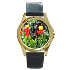 Black GSD Pup Round Leather Watch (Gold Rim) 