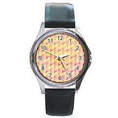 Geometric Pink & Yellow  Round Leather Watch (silver Rim) by Zandiepants