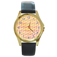 Geometric Pink & Yellow  Round Leather Watch (gold Rim) 