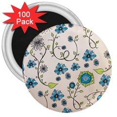 Whimsical Flowers Blue 3  Button Magnet (100 Pack) by Zandiepants