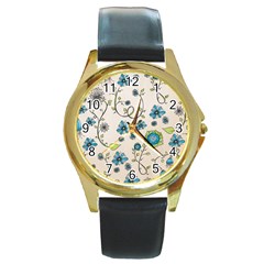 Whimsical Flowers Blue Round Leather Watch (gold Rim)  by Zandiepants