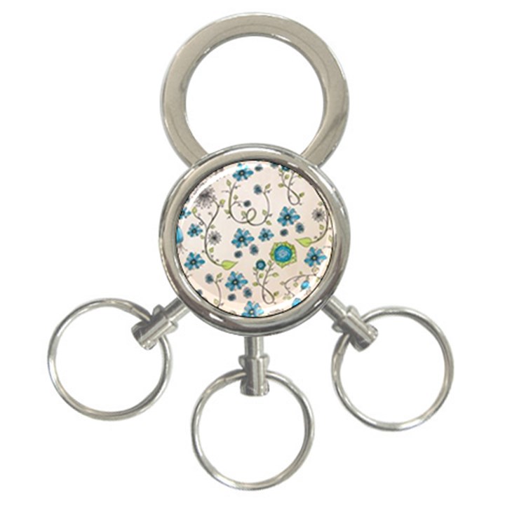 Whimsical Flowers Blue 3-Ring Key Chain