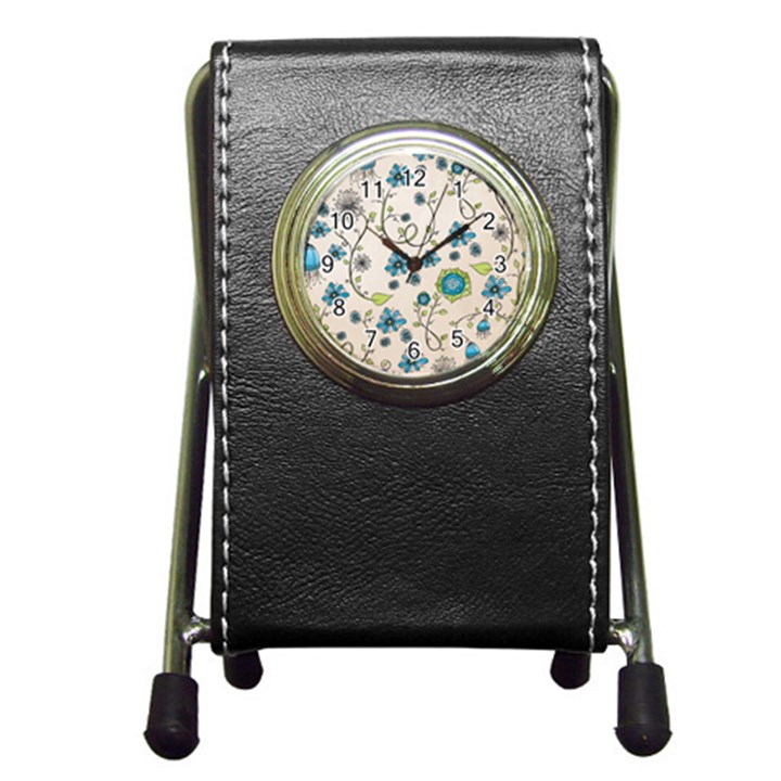 Whimsical Flowers Blue Stationery Holder Clock