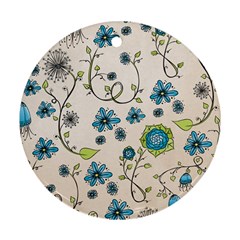 Whimsical Flowers Blue Round Ornament (two Sides)