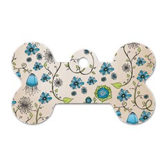 Whimsical Flowers Blue Dog Tag Bone (two Sided)