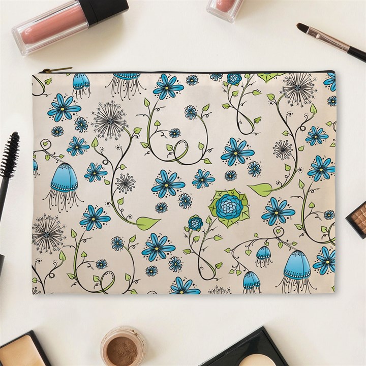 Whimsical Flowers Blue Cosmetic Bag (XL)