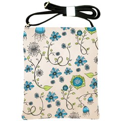 Whimsical Flowers Blue Shoulder Sling Bag by Zandiepants