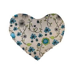 Whimsical Flowers Blue 16  Premium Heart Shape Cushion  by Zandiepants