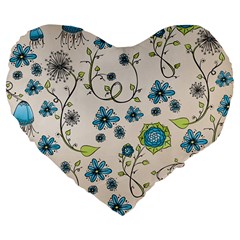 Whimsical Flowers Blue 19  Premium Heart Shape Cushion by Zandiepants