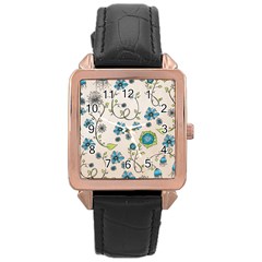 Whimsical Flowers Blue Rose Gold Leather Watch  by Zandiepants